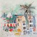Peinture Marché au bord de l' eau par Colombo Cécile | Tableau Art naïf Paysages Marine Scènes de vie Aquarelle Acrylique Collage Encre Pastel