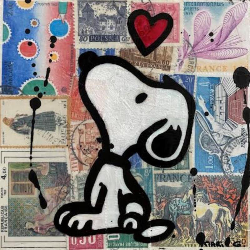 Gemälde F1 Snoopy timbré love von Marie G.  | Gemälde Pop-Art Pop-Ikonen Holz Acryl Collage