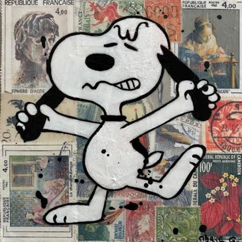 Peinture F1 Snoopy timbré énervé par Marie G.  | Tableau Pop-art Acrylique, Bois, Collage Icones Pop