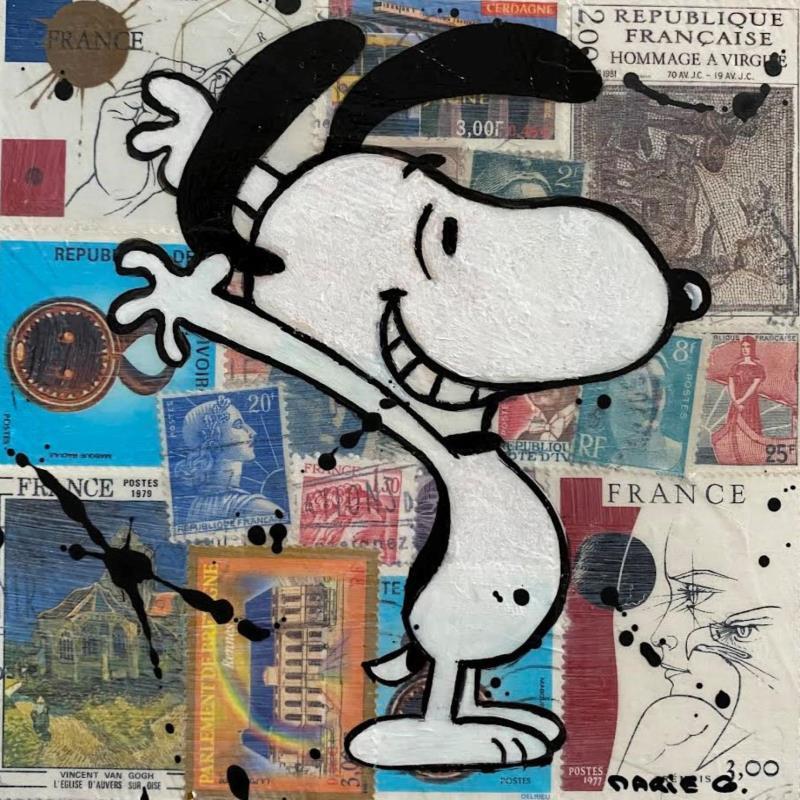 Gemälde F1 Snoopy timbré joyeux von Marie G.  | Gemälde Pop-Art Pop-Ikonen Holz Acryl Collage