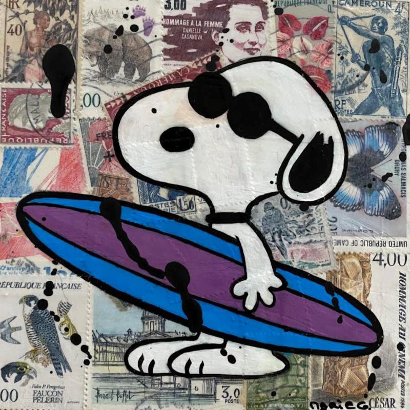 Gemälde F1 Snoopy timbré surf von Marie G.  | Gemälde Pop-Art Pop-Ikonen Holz Acryl Collage