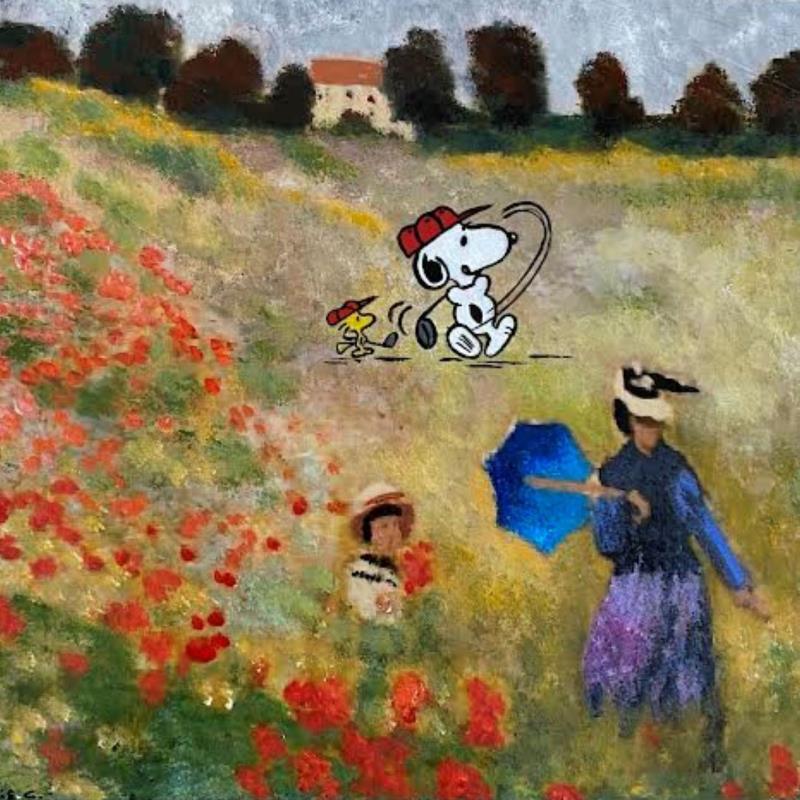 Gemälde F3  golf dans les coquelicots (Monet) von Marie G.  | Gemälde Pop-Art Pop-Ikonen Holz Acryl Collage