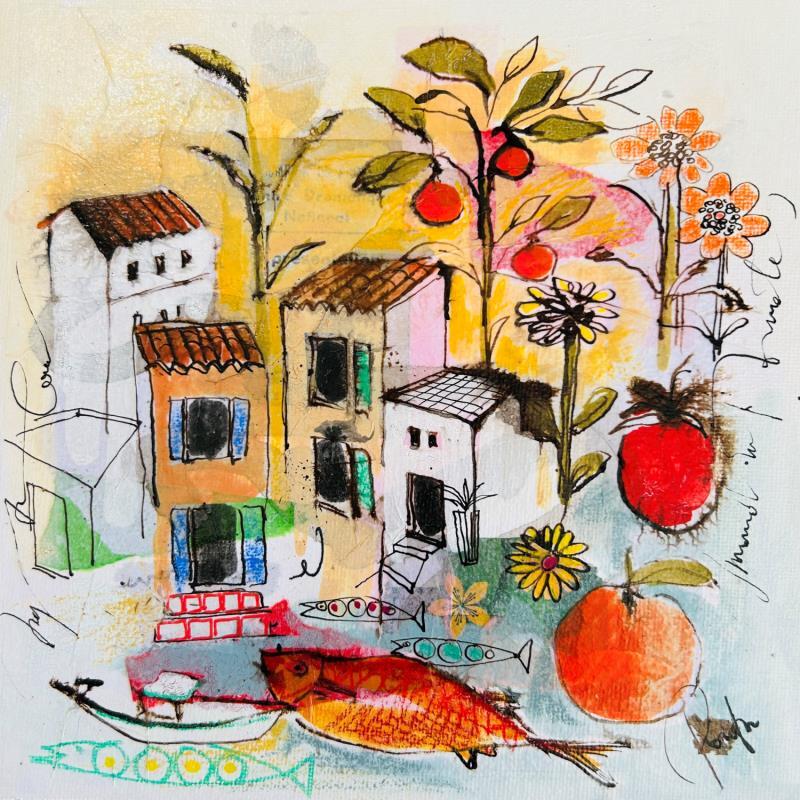 Painting Potager au village by Colombo Cécile | Painting Naive art Landscapes Nature Life style Watercolor Acrylic Gluing Ink Pastel