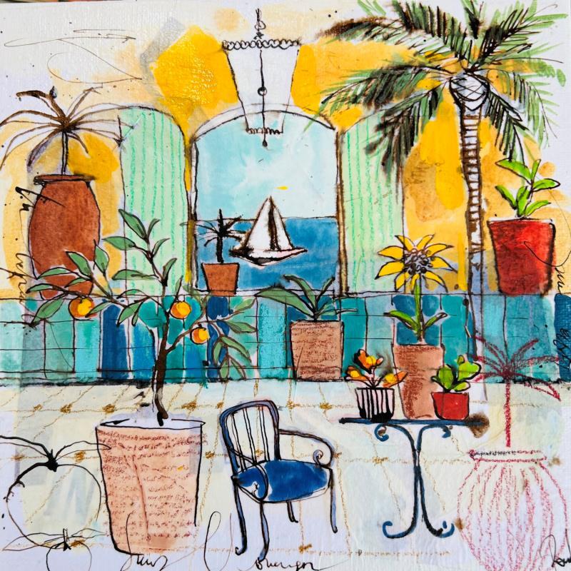 Peinture Jardin intérieur par Colombo Cécile | Tableau Art naïf Paysages Nature Scènes de vie Aquarelle Acrylique Collage Encre Pastel