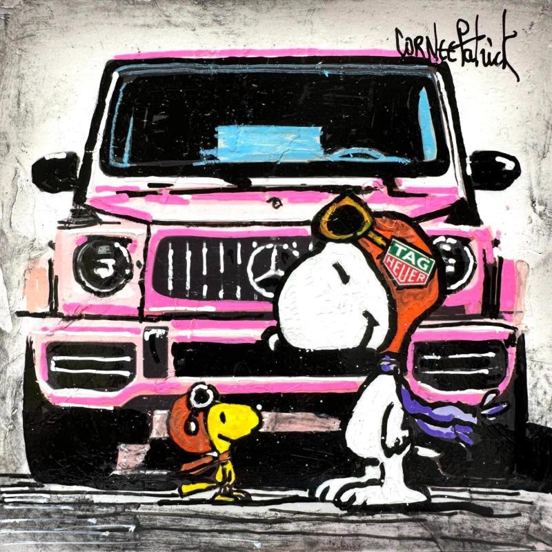 Peinture Snoopy avec la Mercedes rose par Cornée Patrick | Tableau Pop-art Cinéma Icones Pop Scènes de vie Graffiti Huile