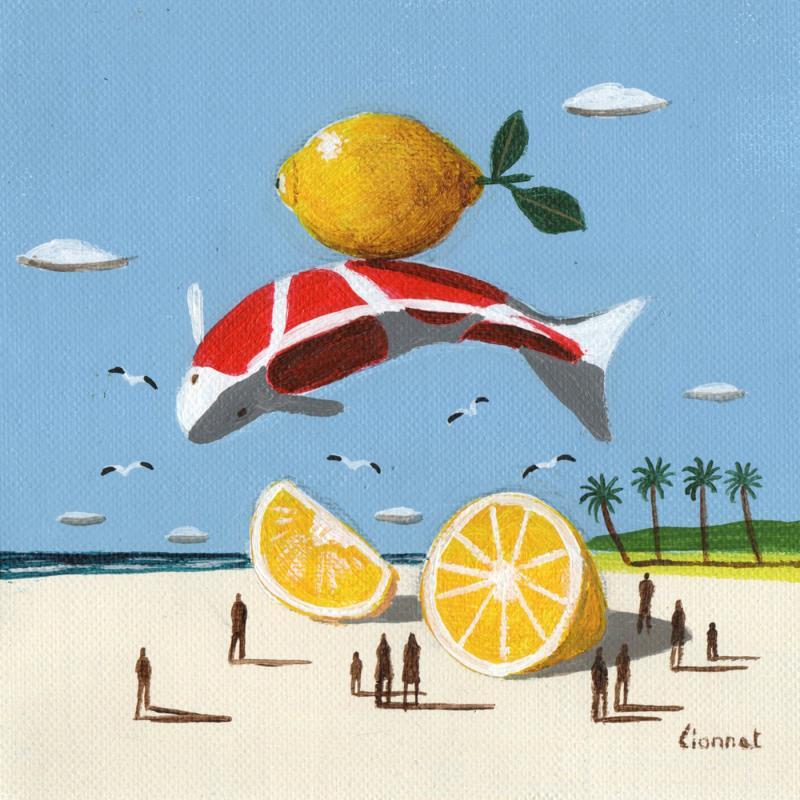 Peinture Carpes aux citrons par Lionnet Pascal | Tableau Surréalisme Marine Scènes de vie Animaux Acrylique