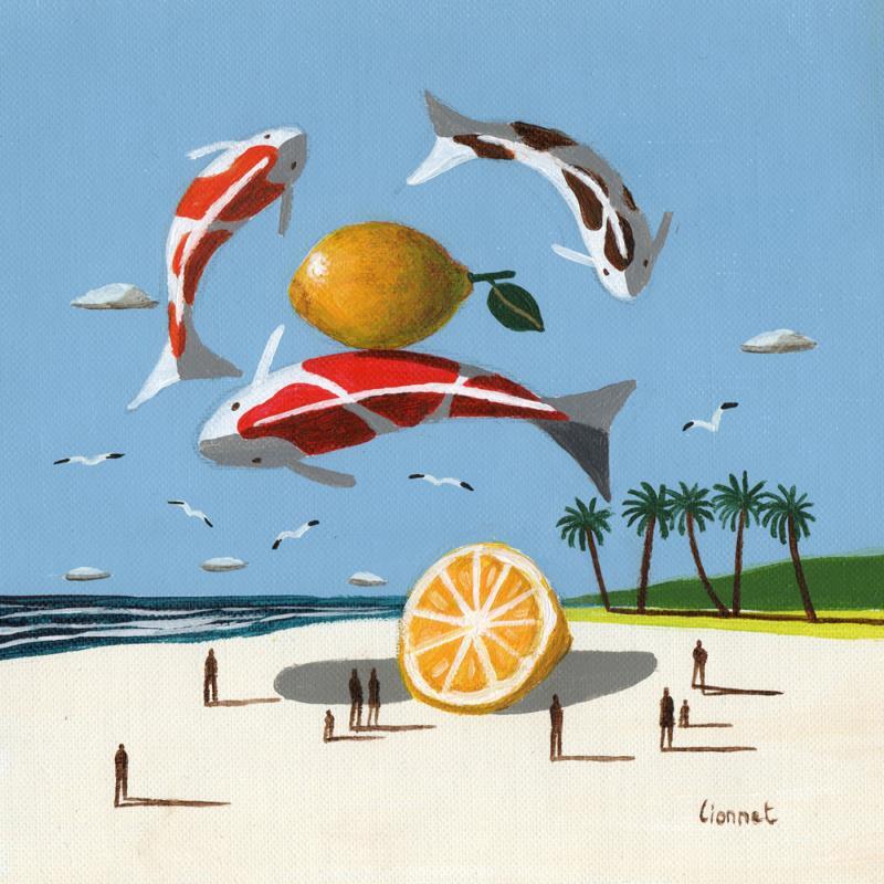 Gemälde Carpes aux citrons von Lionnet Pascal | Gemälde Surrealismus Marine Alltagsszenen Tiere Acryl