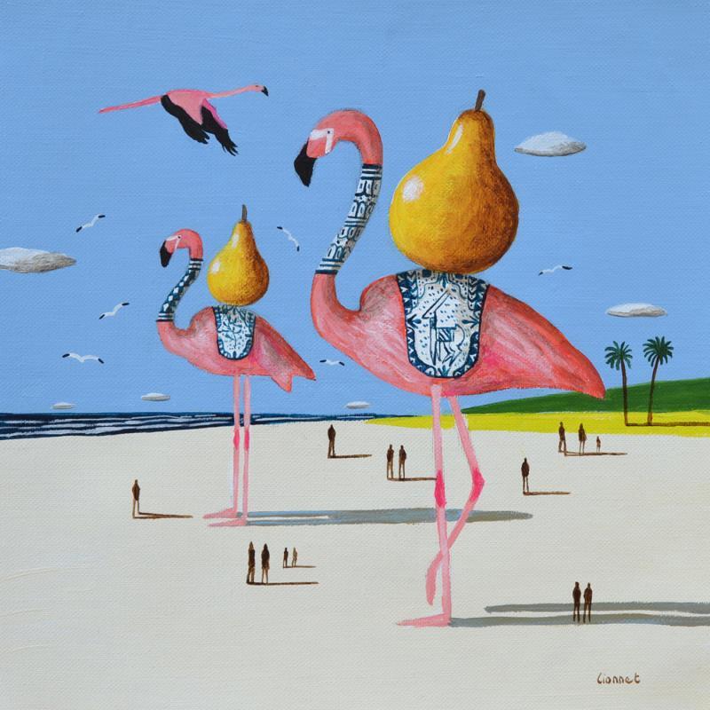 Painting Flamants roses by Lionnet Pascal | Painting Surrealism Marine Animals Still-life Acrylic
