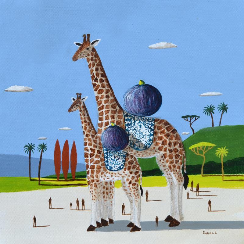 Painting Girafes aux figues by Lionnet Pascal | Painting Surrealism Life style Animals Still-life Acrylic