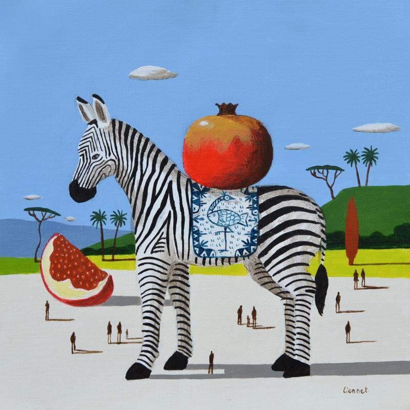 Painting Zèbre et grenades by Lionnet Pascal | Painting Surrealism Life style Animals Still-life Acrylic