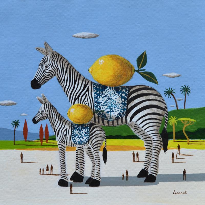 Painting  Zèbres aux citrons by Lionnet Pascal | Painting Surrealism Acrylic Animals, Life style, Still-life