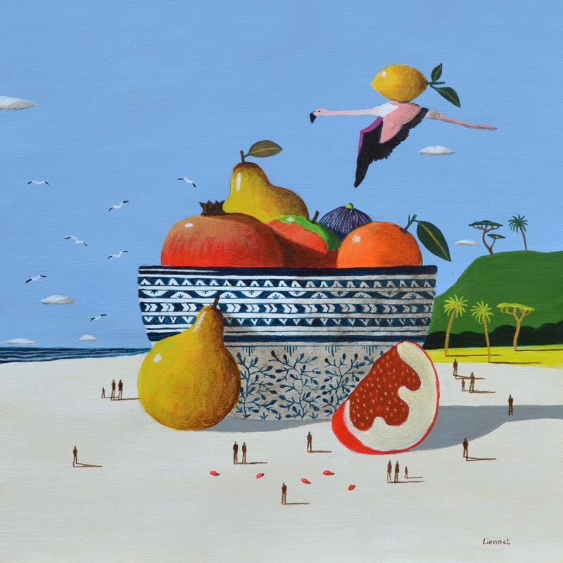 Gemälde Fruits von Lionnet Pascal | Gemälde Surrealismus Alltagsszenen Tiere Stillleben Acryl