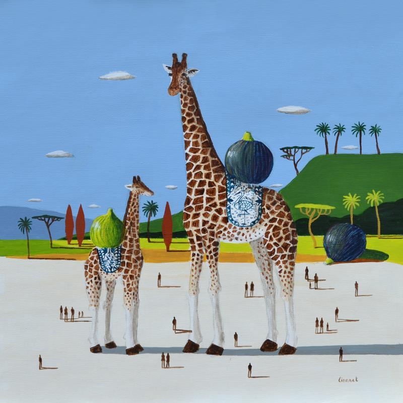 Painting Girafes et figues by Lionnet Pascal | Painting Surrealism Landscapes Life style Animals Acrylic