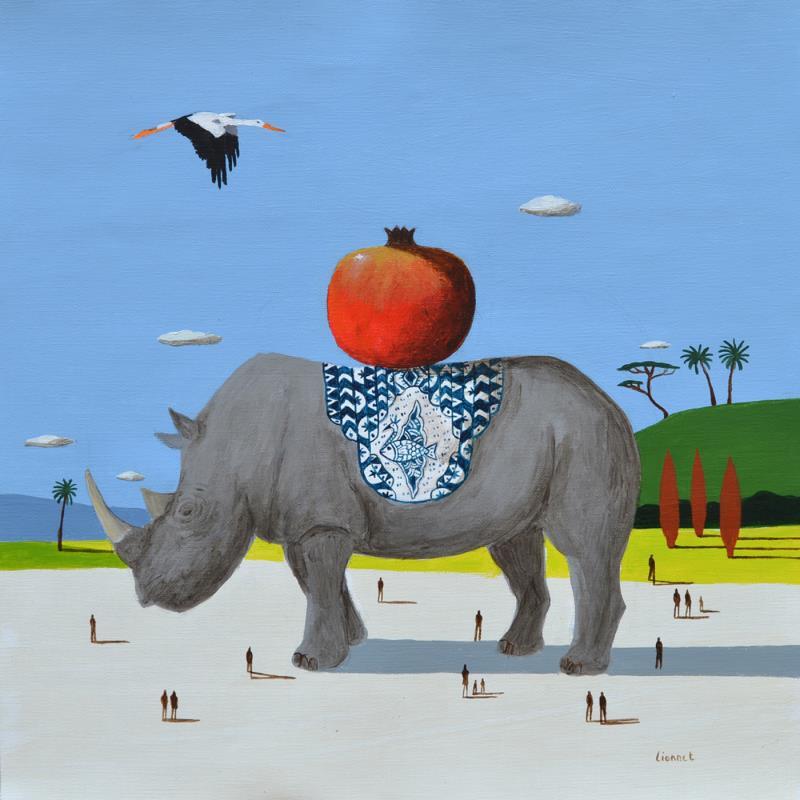 Gemälde Rhinocéros à la grenade von Lionnet Pascal | Gemälde Surrealismus Landschaften Alltagsszenen Tiere Acryl