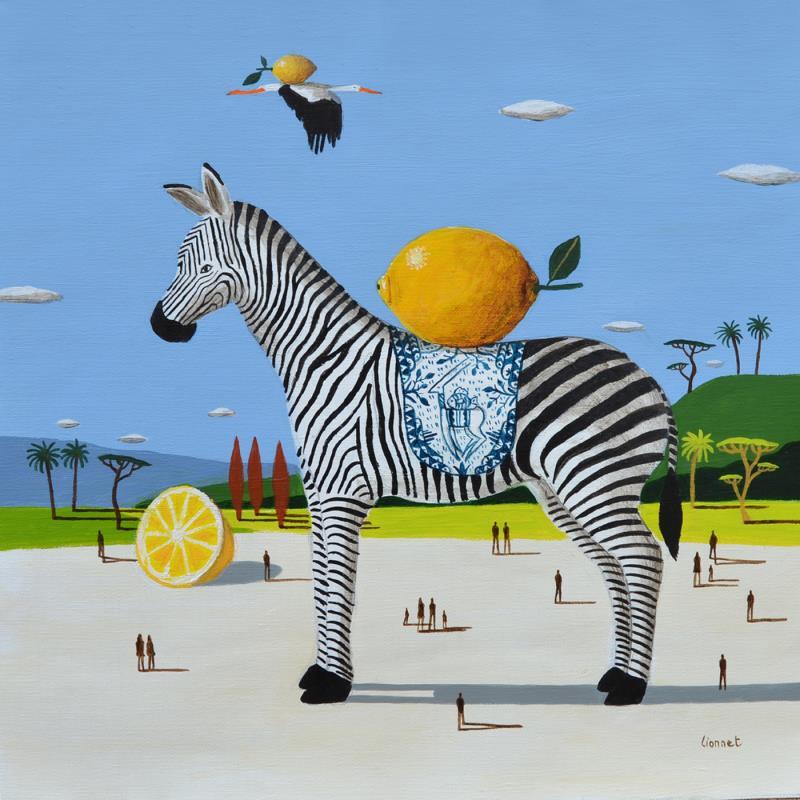 Painting  Zèbre au citron by Lionnet Pascal | Painting Surrealism Life style Animals Still-life Acrylic