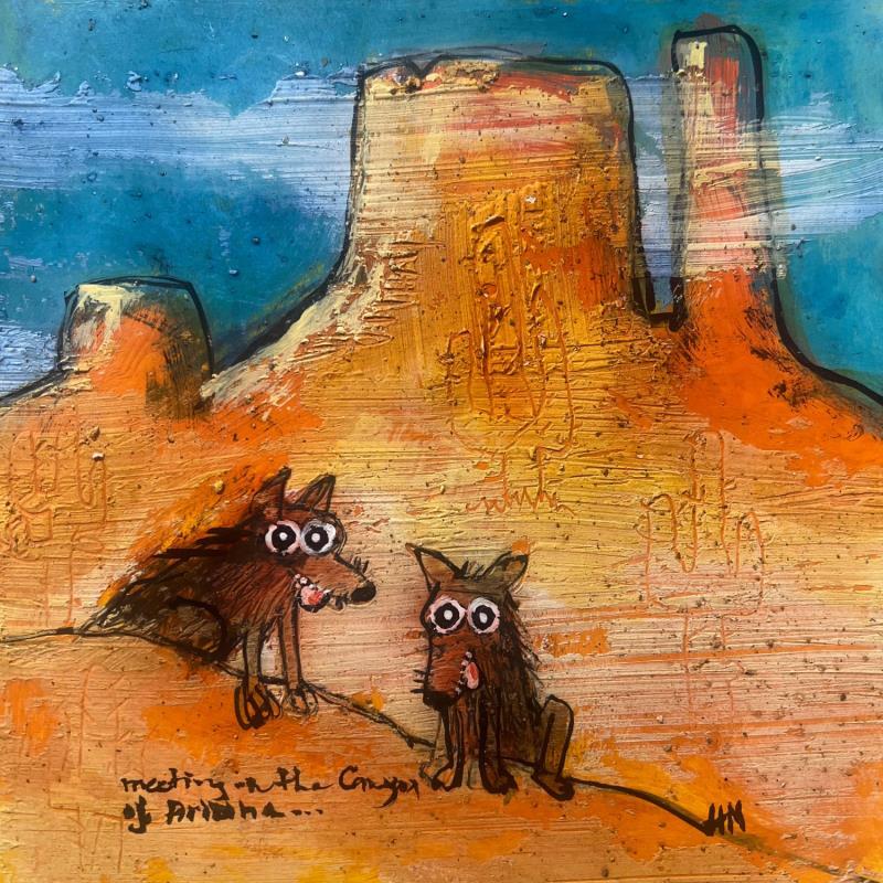 Peinture Meeting in the Canyon par Maury Hervé | Tableau Art Singulier Encre, Posca, Sable Animaux