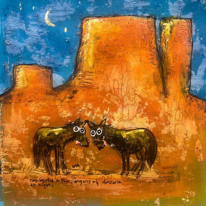 Peinture Coyotes and Cactus par Maury Hervé | Tableau Art Singulier Encre, Posca, Sable Animaux