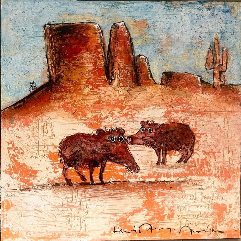 Peinture Javelina in the Red Rocks of Sedon par Maury Hervé | Tableau Art Singulier Animaux