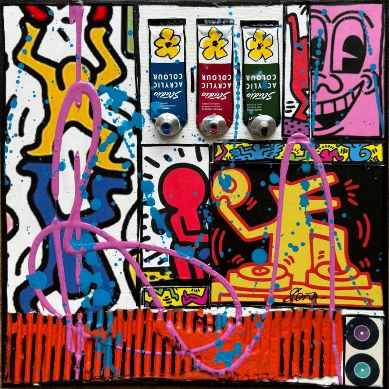 Gemälde Tribute to Keith Haring von Costa Sophie | Gemälde Pop-Art Acryl, Collage, Upcycling Pop-Ikonen