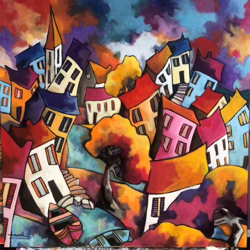 Painting Village arc en ciel  by Fauve | Painting Figurative Landscapes Acrylic