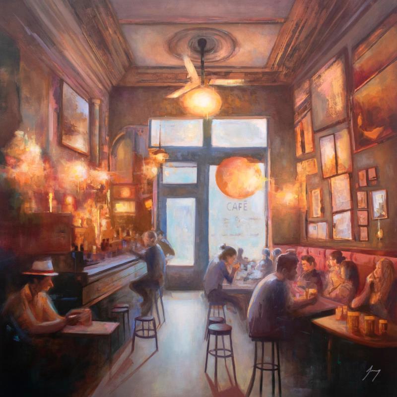 Painting Le Red Café by Jung François | Painting Figurative Oil Life style