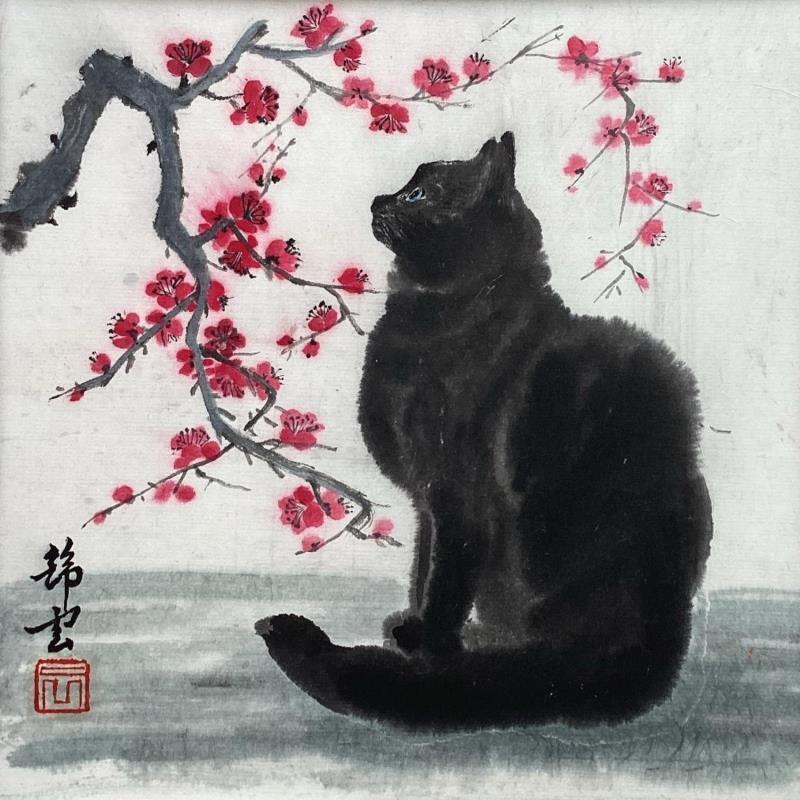 Gemälde Chat noir sous cerisier von Tayun | Gemälde Figurativ Tiere Aquarell Tinte