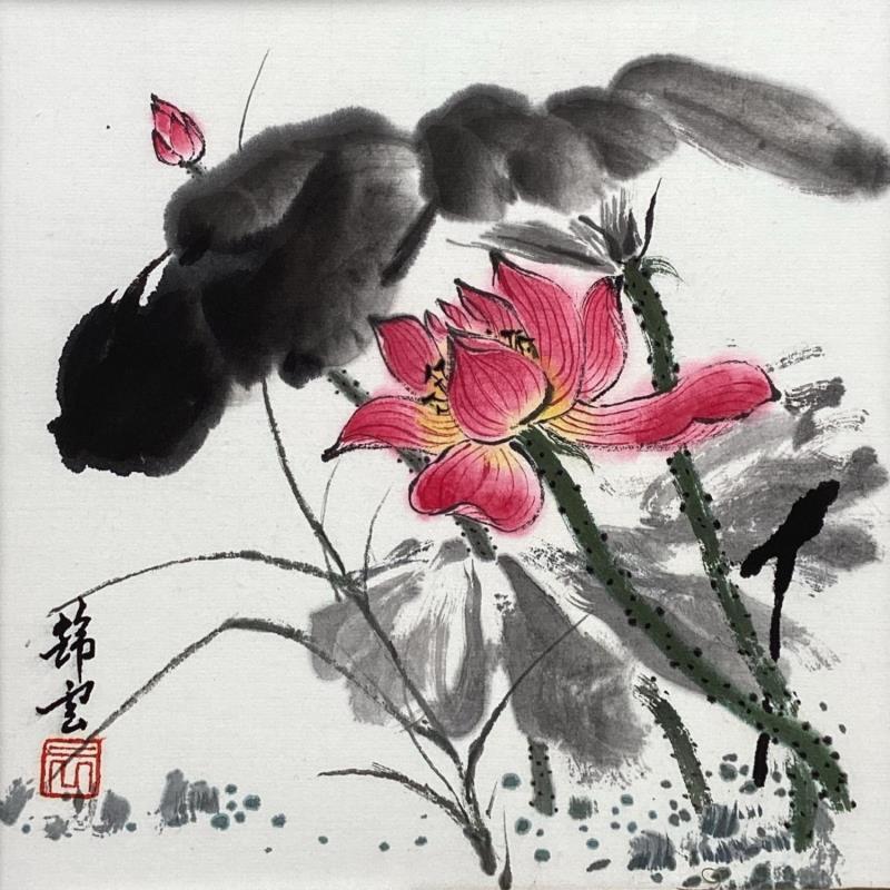 Peinture Lotus rose par Tayun | Tableau Figuratif Nature Aquarelle Encre