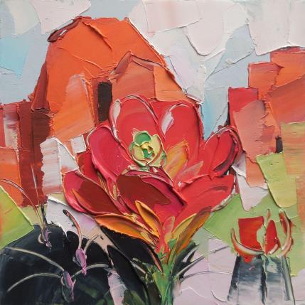 Painting Red cactus flower by Lunetskaya Elena | Painting Figurative Oil Landscapes, Nature