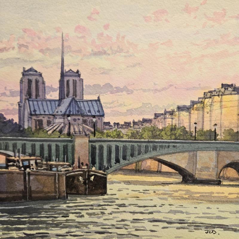 Peinture Paris, le pont de Sully et Notre-Dame par Decoudun Jean charles | Tableau Figuratif Aquarelle Urbain