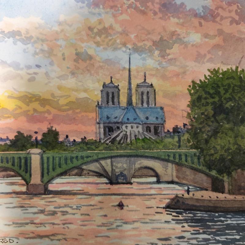 Peinture Paris, Notre-Dame soir couchant par Decoudun Jean charles | Tableau Figuratif Urbain Aquarelle