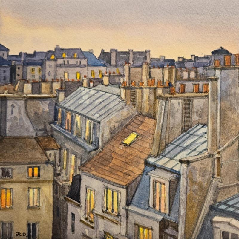 Peinture Paris, les toits soir d'été par Decoudun Jean charles | Tableau Figuratif Urbain Aquarelle