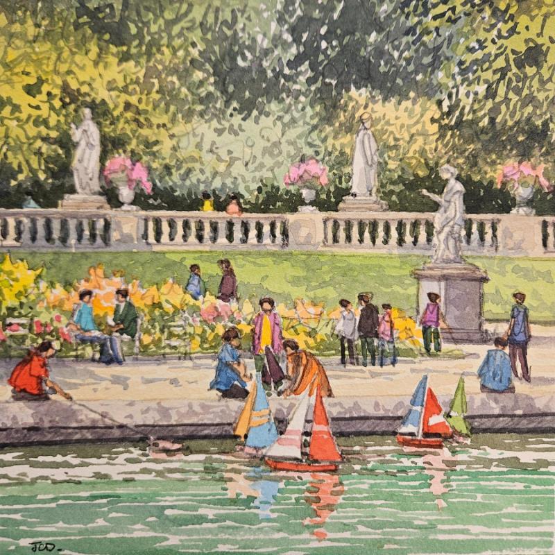 Painting Paris, jeux au jardin du Luxembourg by Decoudun Jean charles | Painting Figurative Urban Watercolor