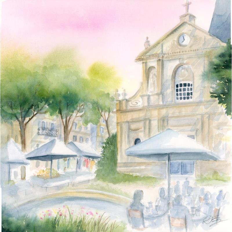 Painting Place de l'église, Rueil by Balme Delphine | Painting Figurative Watercolor Landscapes