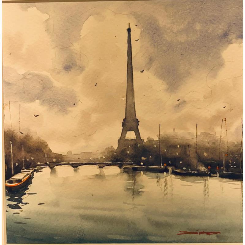 Peinture Sailing through the Seine par Dandapat Swarup | Tableau Figuratif Urbain Aquarelle