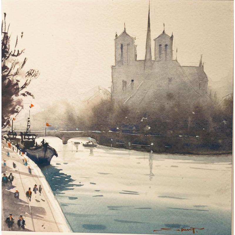 Painting A misty morning date with Notre-Dame by Dandapat Swarup | Painting Figurative Urban Watercolor