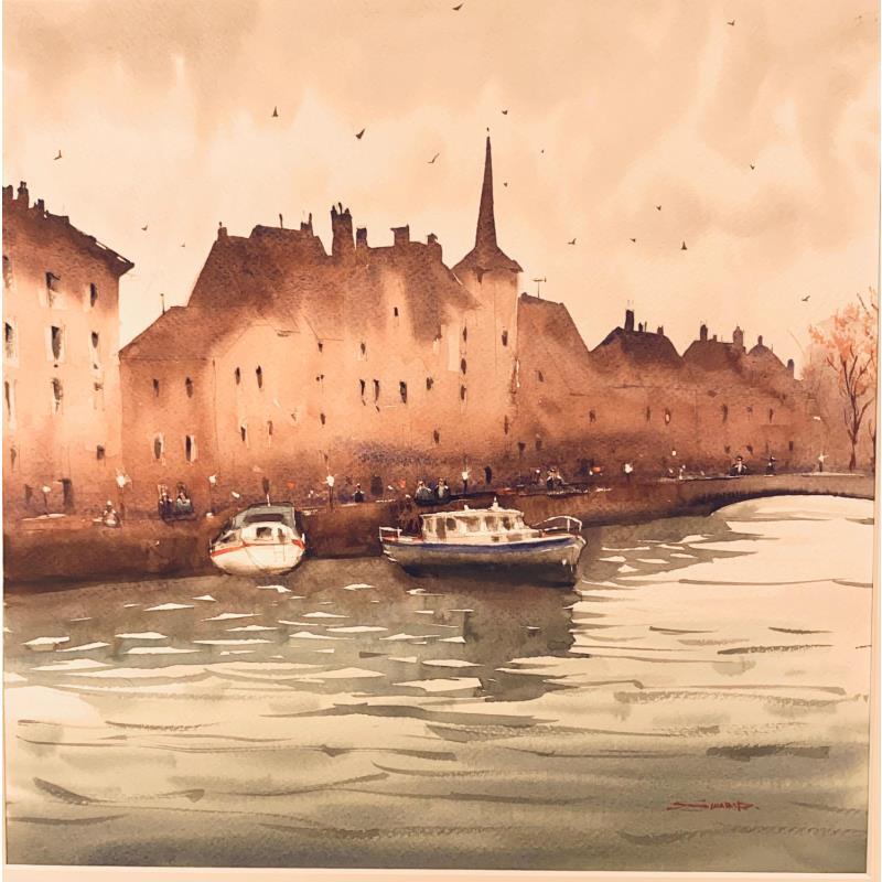 Painting Quay and the Church of Saint Nicolas, Strasbourg III by Dandapat Swarup | Painting Figurative Watercolor Urban