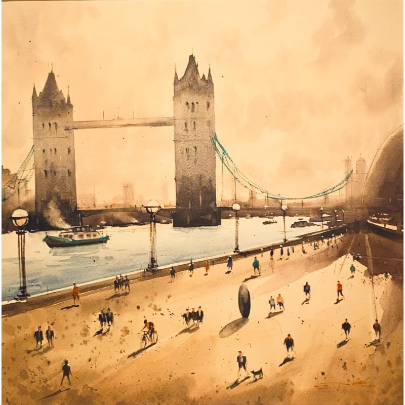 Gemälde Tower Bridge on a Sunny Day von Dandapat Swarup | Gemälde Figurativ Urban Aquarell