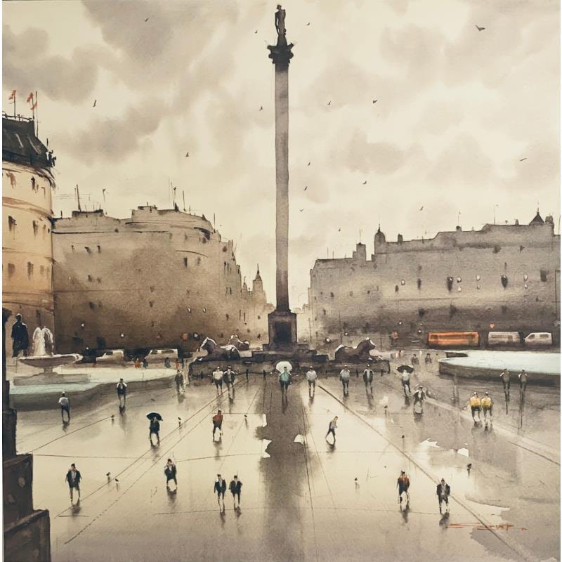 Peinture Trafalgar Square after rain III par Dandapat Swarup | Tableau Figuratif Urbain Aquarelle