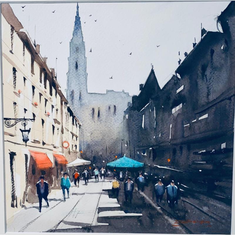 Peinture Cathédrale Notre-Dame-de-Strasbourg par Dandapat Swarup | Tableau Figuratif Urbain Aquarelle