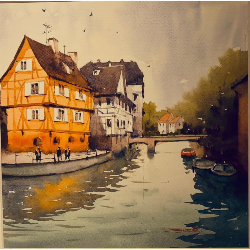 Painting Historic houses, Strasbourg by Dandapat Swarup | Painting Figurative Urban Watercolor