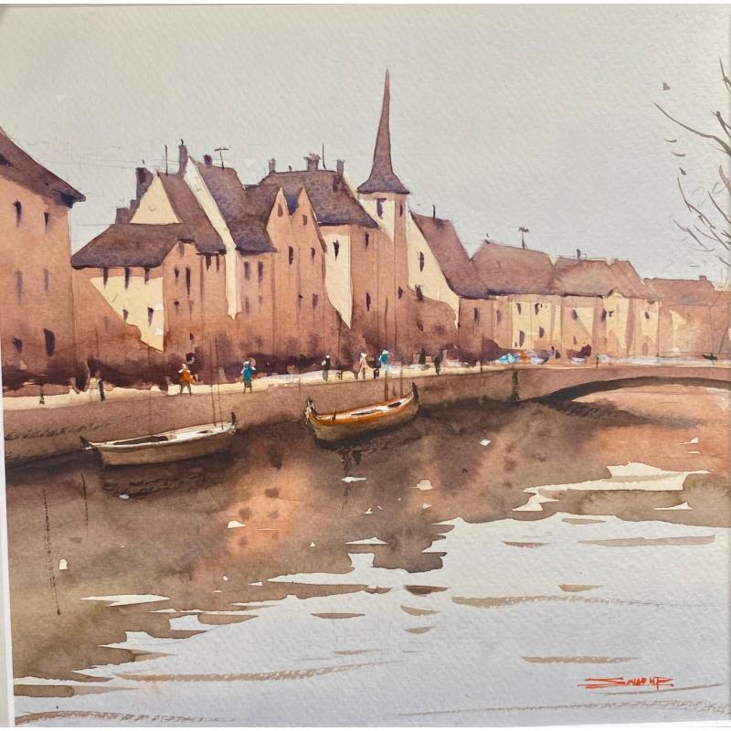 Peinture Quay and the Church of Saint Nicolas, Strasbourg par Dandapat Swarup | Tableau Figuratif Urbain Aquarelle