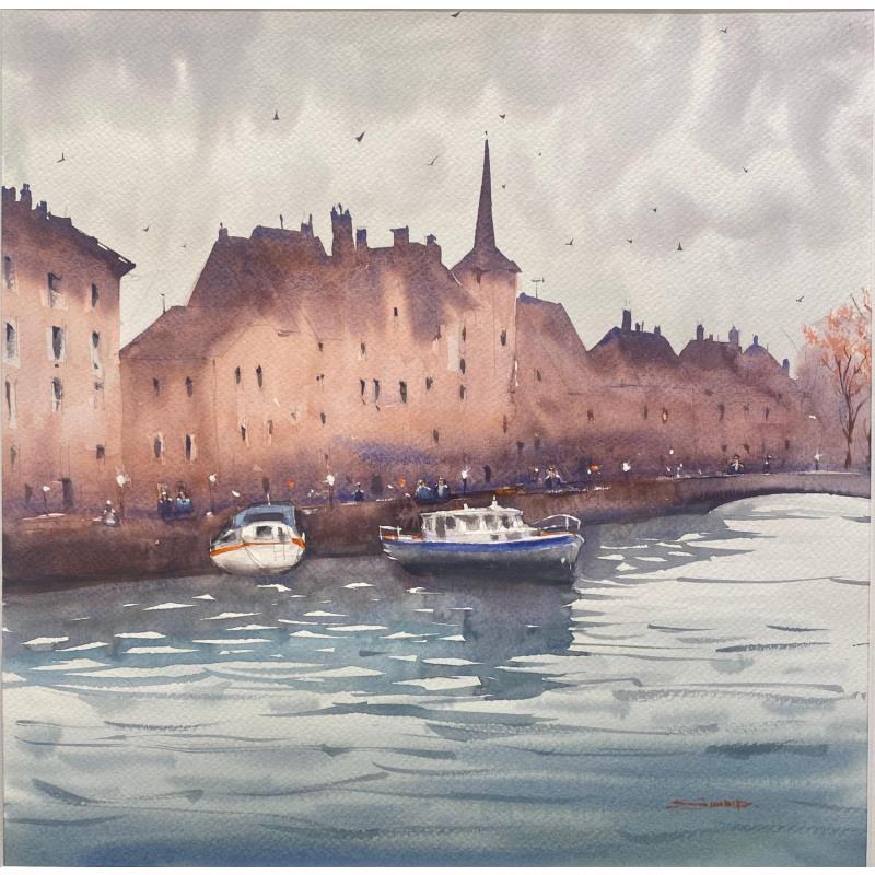 Painting Quay and the Church of Saint Nicolas, Strasbourg II by Dandapat Swarup | Painting Figurative Watercolor Urban