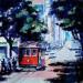 Gemälde San Francisco red tram von Poumès Jérôme | Gemälde Figurativ Urban Acryl