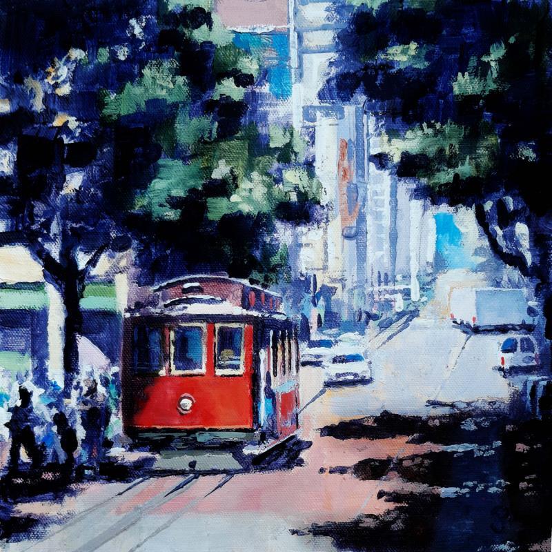 Painting San Francisco red tram by Poumès Jérôme | Painting Figurative Urban Acrylic