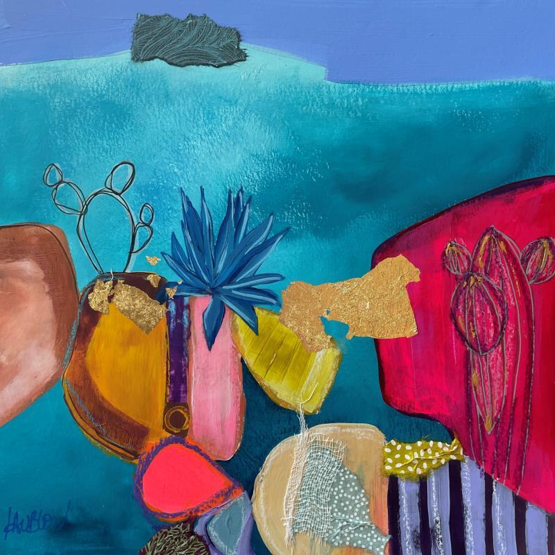 Peinture Promenade dans le jardin 2 par Lau Blou | Tableau Abstrait Acrylique, Collage, Feuille d'or, Papier Paysages