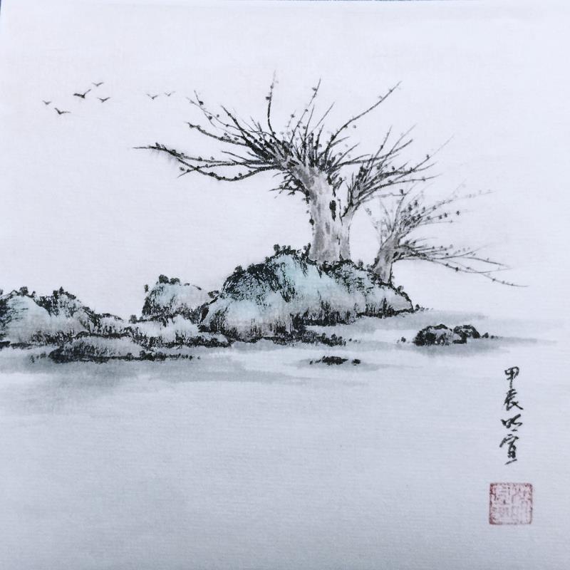 Painting Trees by the lake by Du Mingxuan | Painting Figurative Landscapes Nature Watercolor Ink