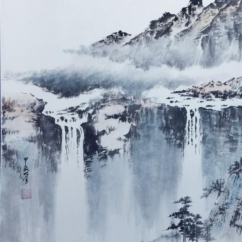 Painting Waterfall by Du Mingxuan | Painting Figurative Ink, Watercolor Landscapes, Nature