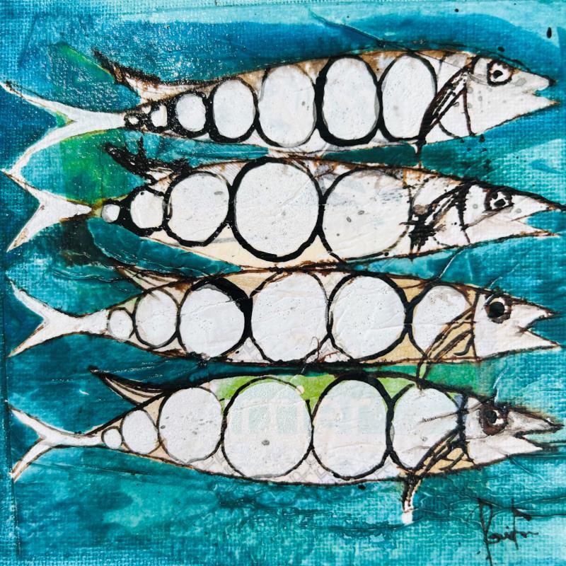 Gemälde Les sardines émeraudes von Colombo Cécile | Gemälde Naive Kunst Alltagsszenen Tiere Aquarell Acryl Collage Tinte Pastell