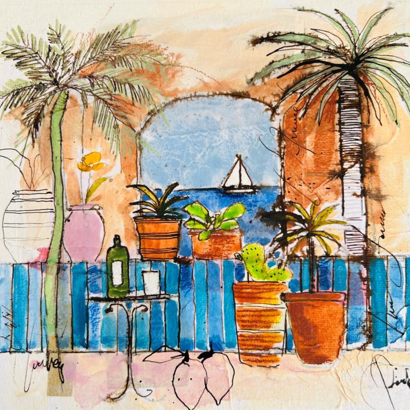 Painting Jardin sur mer by Colombo Cécile | Painting Naive art Landscapes Nature Life style Watercolor Acrylic Gluing Ink Pastel