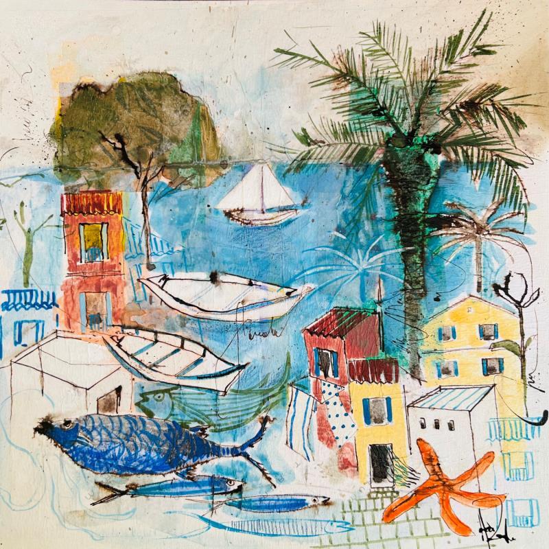 Painting Mer d' expression by Colombo Cécile | Painting Naive art Acrylic, Gluing, Ink, Pastel, Watercolor Landscapes, Life style, Marine